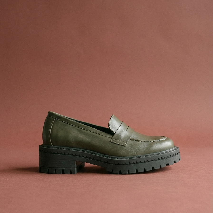 green chunky loafer on an oxblood background