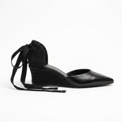 The Euro Summer Black Leather Espadrille Wedge