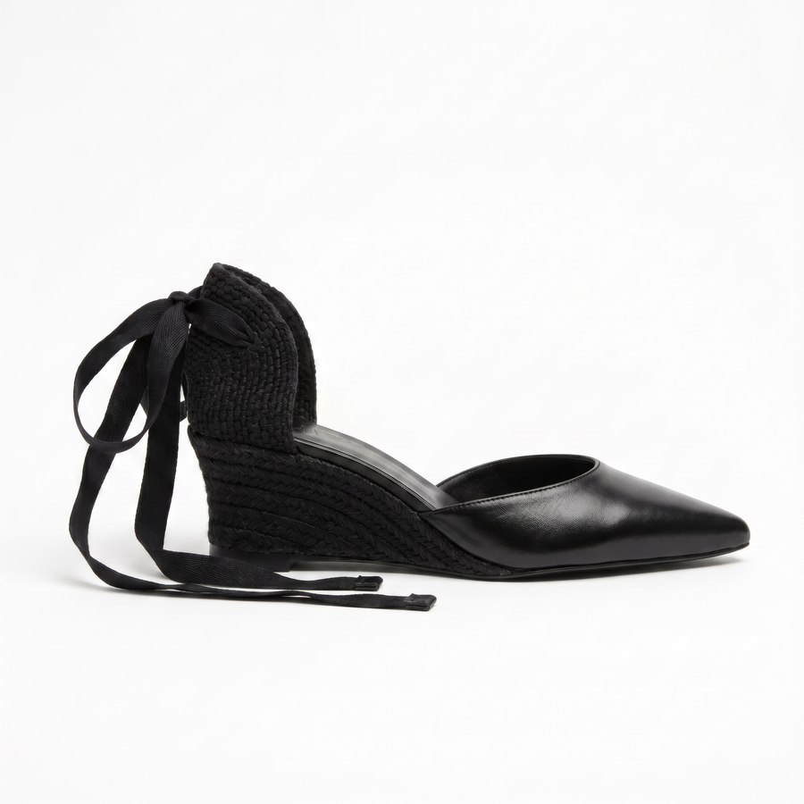 The Euro Summer Black Leather Espadrille Wedge