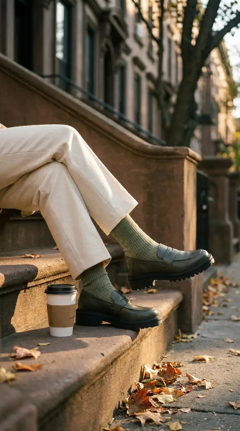 A person sitting on outdoor city steps wears cream trousers, olive green loafers, and textured sage green socks, with a takeaway coffee cup beside them and fallen leaves on the sidewalk.