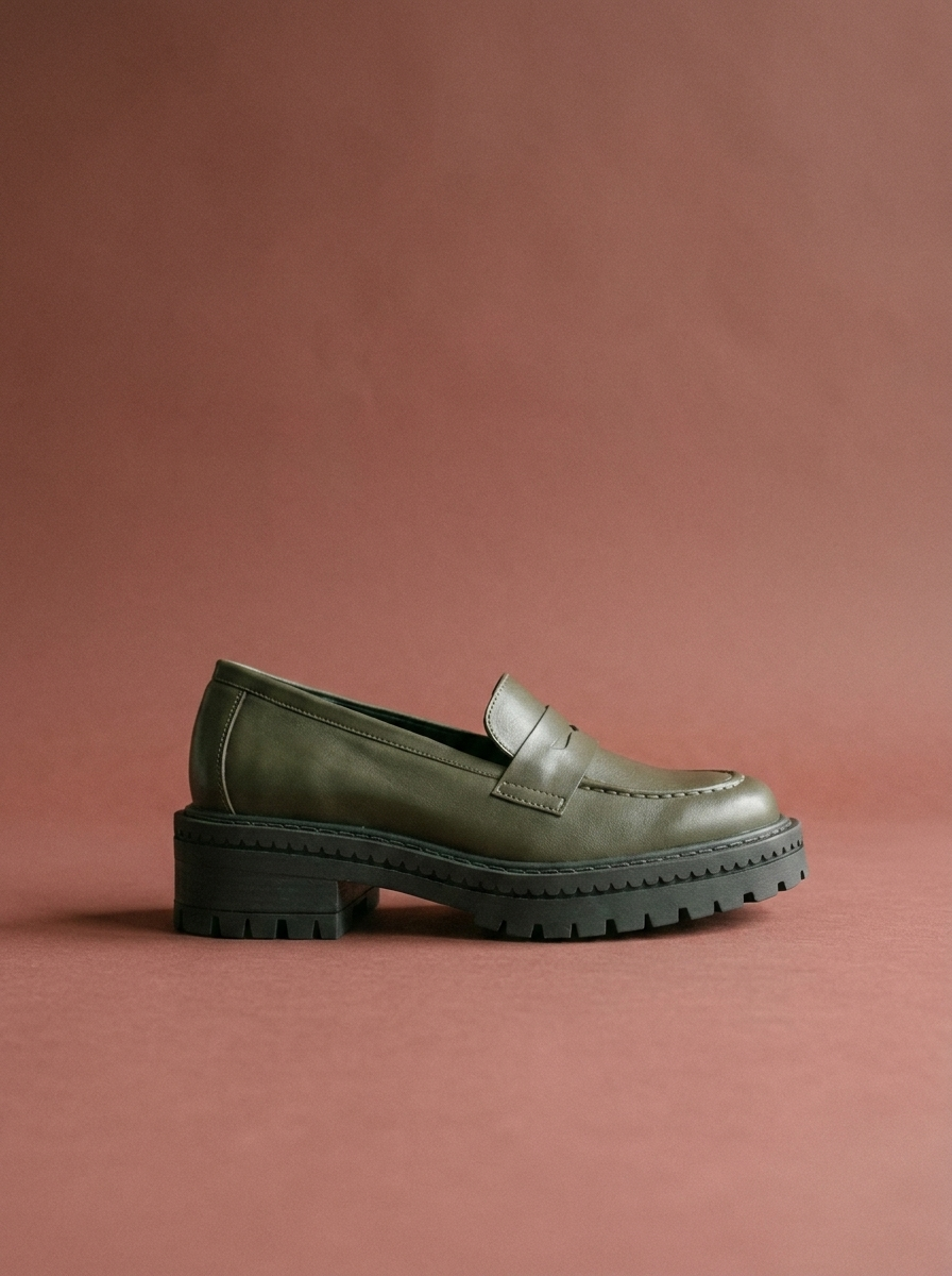 camo green chunky loafer on a desaturated oxblood background
