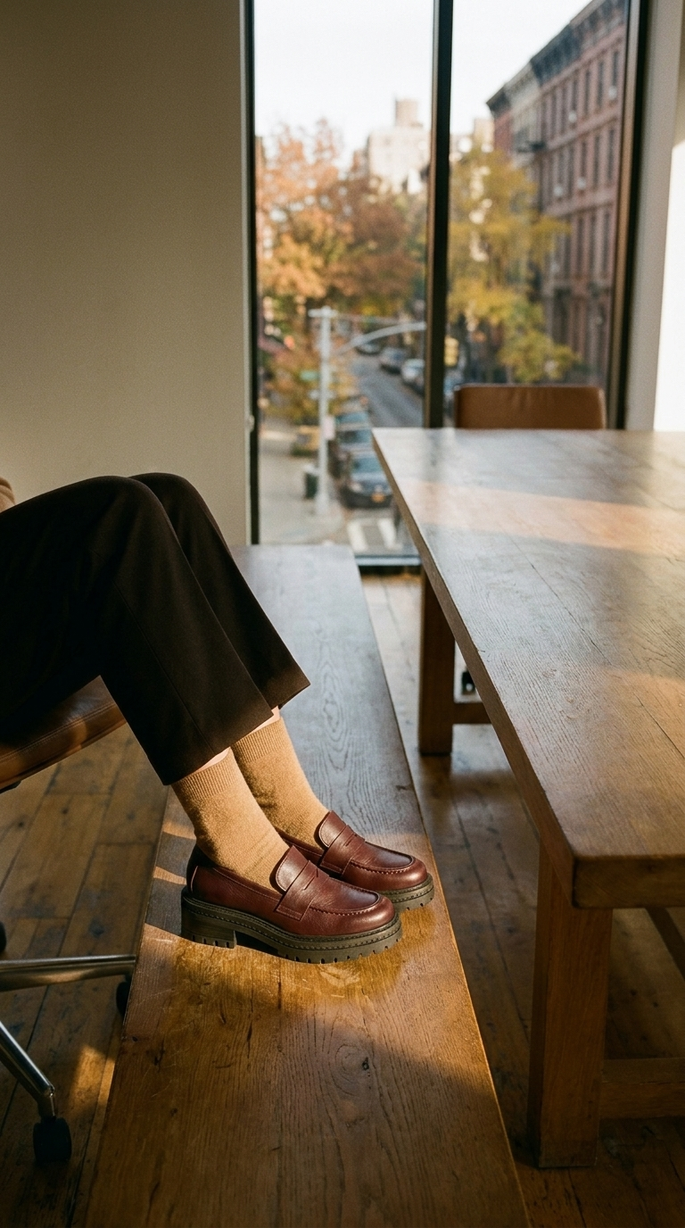 A person sitting indoors by a large window wears burgundy leather loafers with beige socks. The room has a wooden table and floor, with a city street and trees visible outside.
